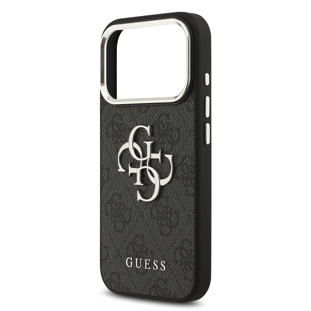 Guess iPhone 17 Pro Orjinal Lisanslı Gümüş Metal Kamera Çerçeveli 4G Desenli Metal Büyük 4G ve Yazı Logolu Kılıf
