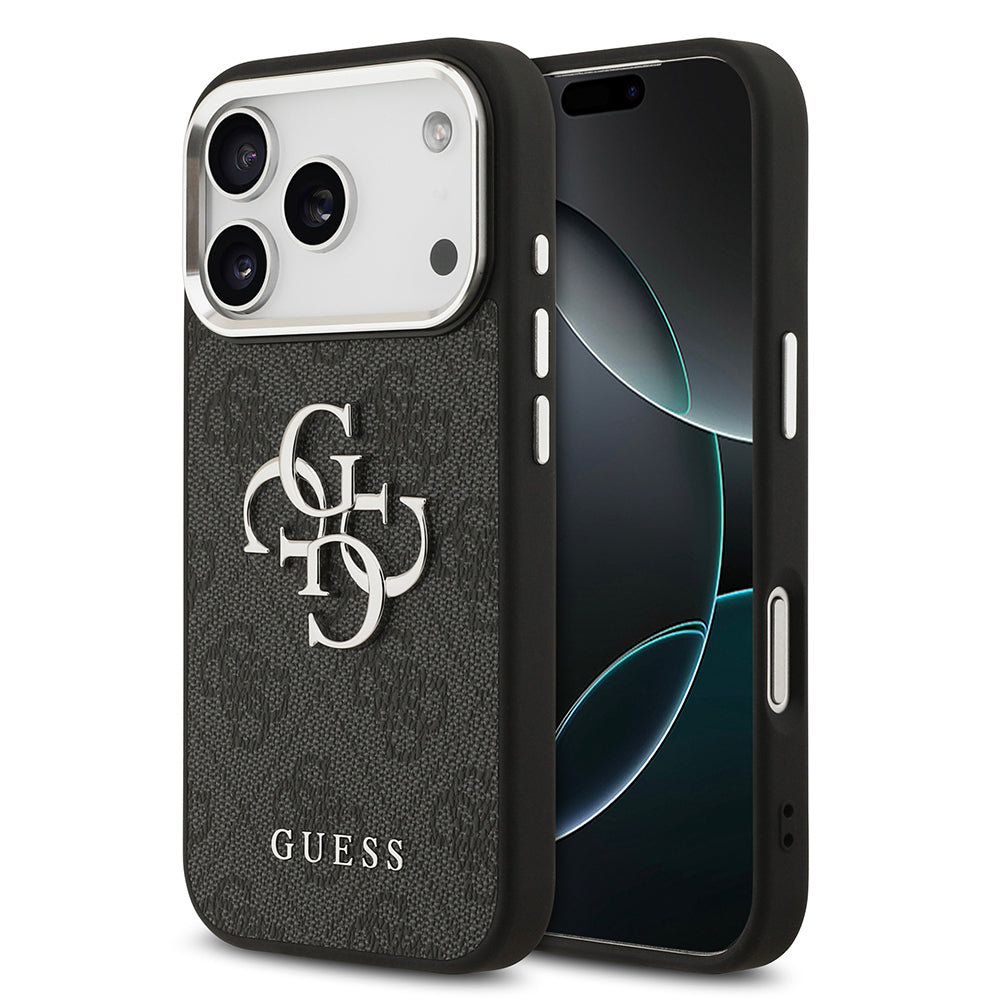 Guess iPhone 17 Pro Orjinal Lisanslı Gümüş Metal Kamera Çerçeveli 4G Desenli Metal Büyük 4G ve Yazı Logolu Kılıf