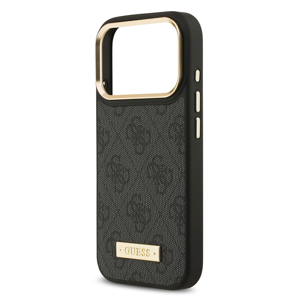 Guess iPhone 17 Pro Orjinal Lisanslı M-safe Şarj Özellikli 4G Desenli PU Metal Plaka Klasik Logolu Kılıf