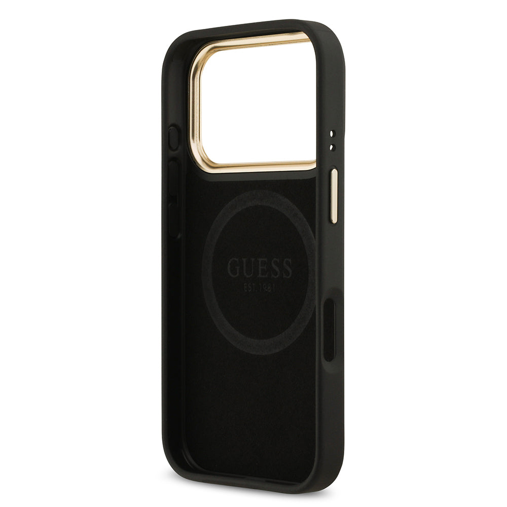 Guess iPhone 17 Pro Orjinal Lisanslı M-safe Şarj Özellikli 4G Desenli PU Metal Plaka Klasik Logolu Kılıf