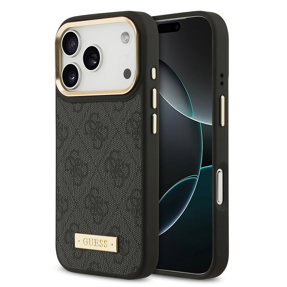 Guess iPhone 17 Pro Orjinal Lisanslı M-safe Şarj Özellikli 4G Desenli PU Metal Plaka Klasik Logolu Kılıf