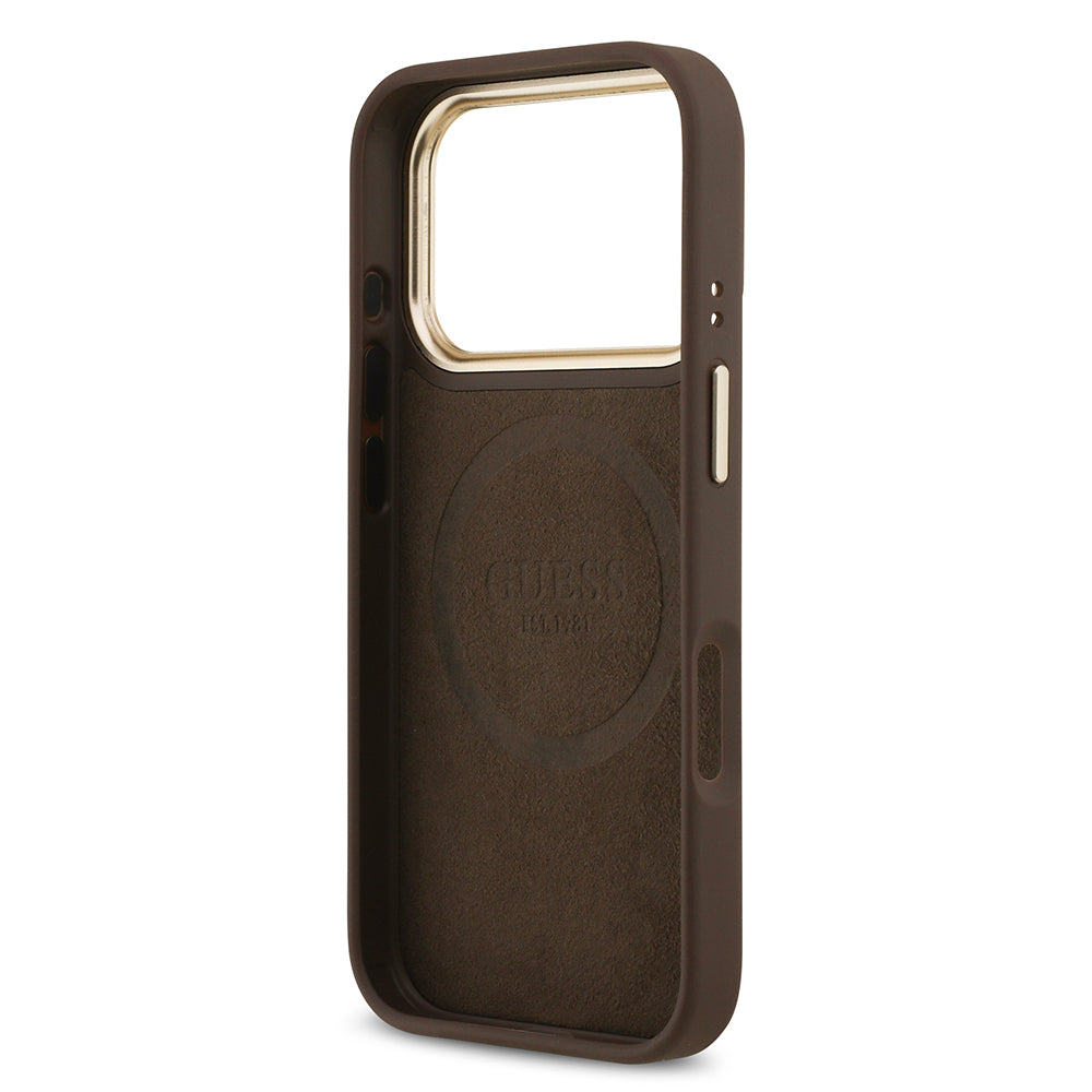 Guess iPhone 17 Pro Orjinal Lisanslı M-safe Şarj Özellikli 4G Desenli PU Metal Plaka Klasik Logolu Kılıf