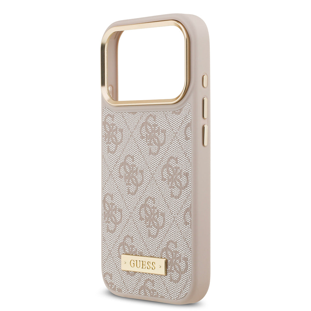 Guess iPhone 17 Pro Orjinal Lisanslı M-safe Şarj Özellikli 4G Desenli PU Metal Plaka Klasik Logolu Kılıf