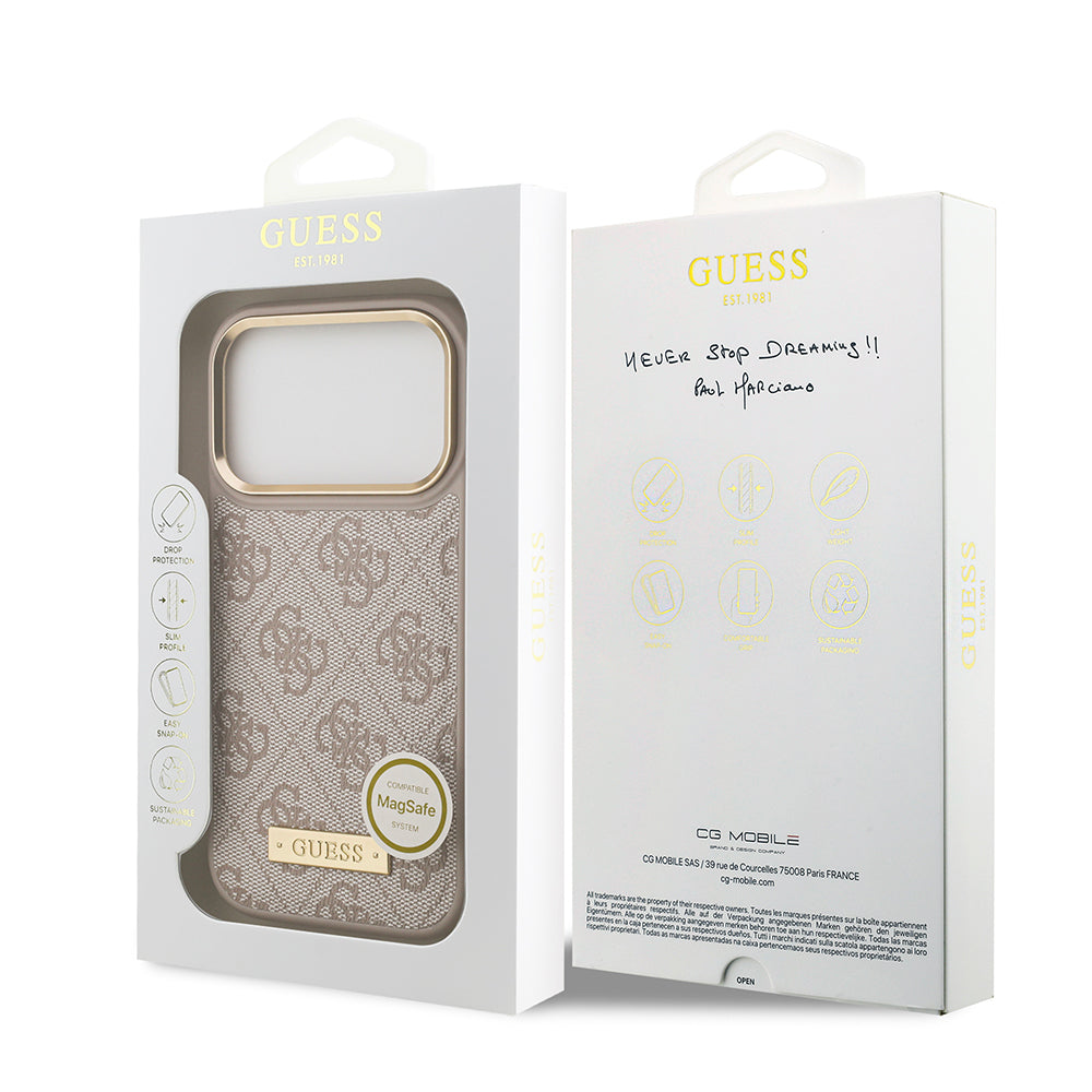 Guess iPhone 17 Pro Orjinal Lisanslı M-safe Şarj Özellikli 4G Desenli PU Metal Plaka Klasik Logolu Kılıf