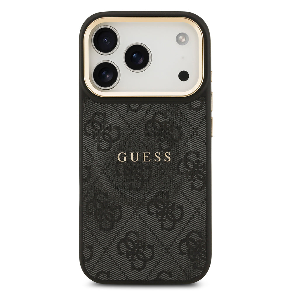 Guess iPhone 17 Pro Orjinal Lisanslı M-safe Şarj Özellikli Gold Metal Kamera Çerçeveli PU Deri 4G Desenli Yazı Logolu Kılıf