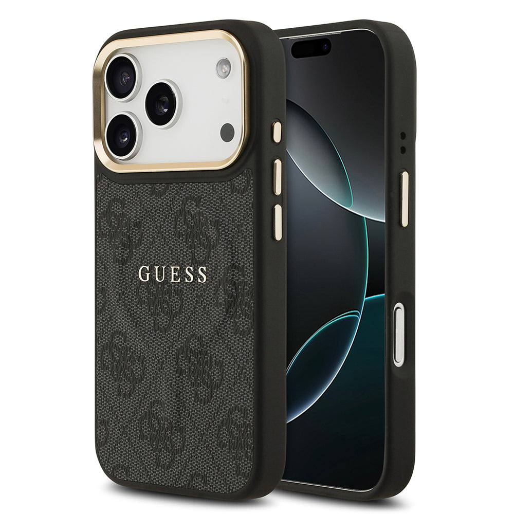 Guess iPhone 17 Pro Orjinal Lisanslı M-safe Şarj Özellikli Gold Metal Kamera Çerçeveli PU Deri 4G Desenli Yazı Logolu Kılıf