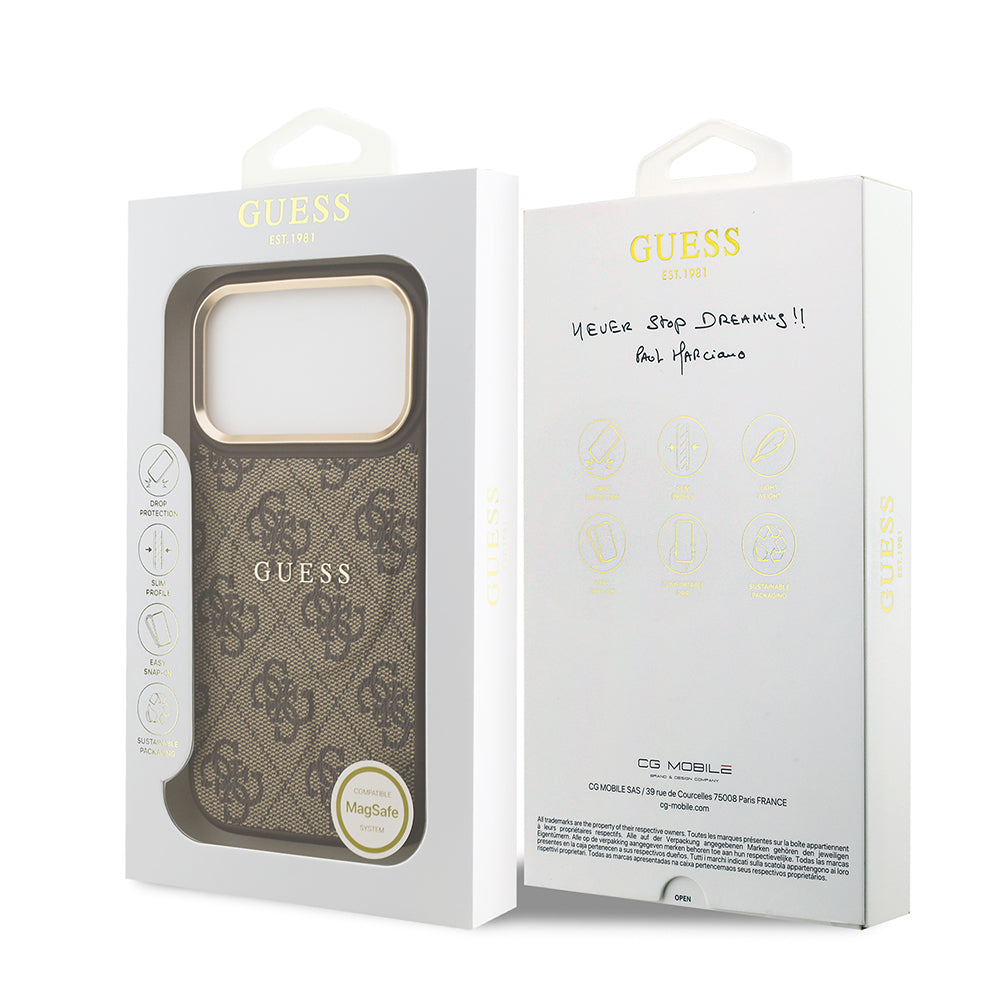 Guess iPhone 17 Pro Orjinal Lisanslı M-safe Şarj Özellikli Gold Metal Kamera Çerçeveli PU Deri 4G Desenli Yazı Logolu Kılıf