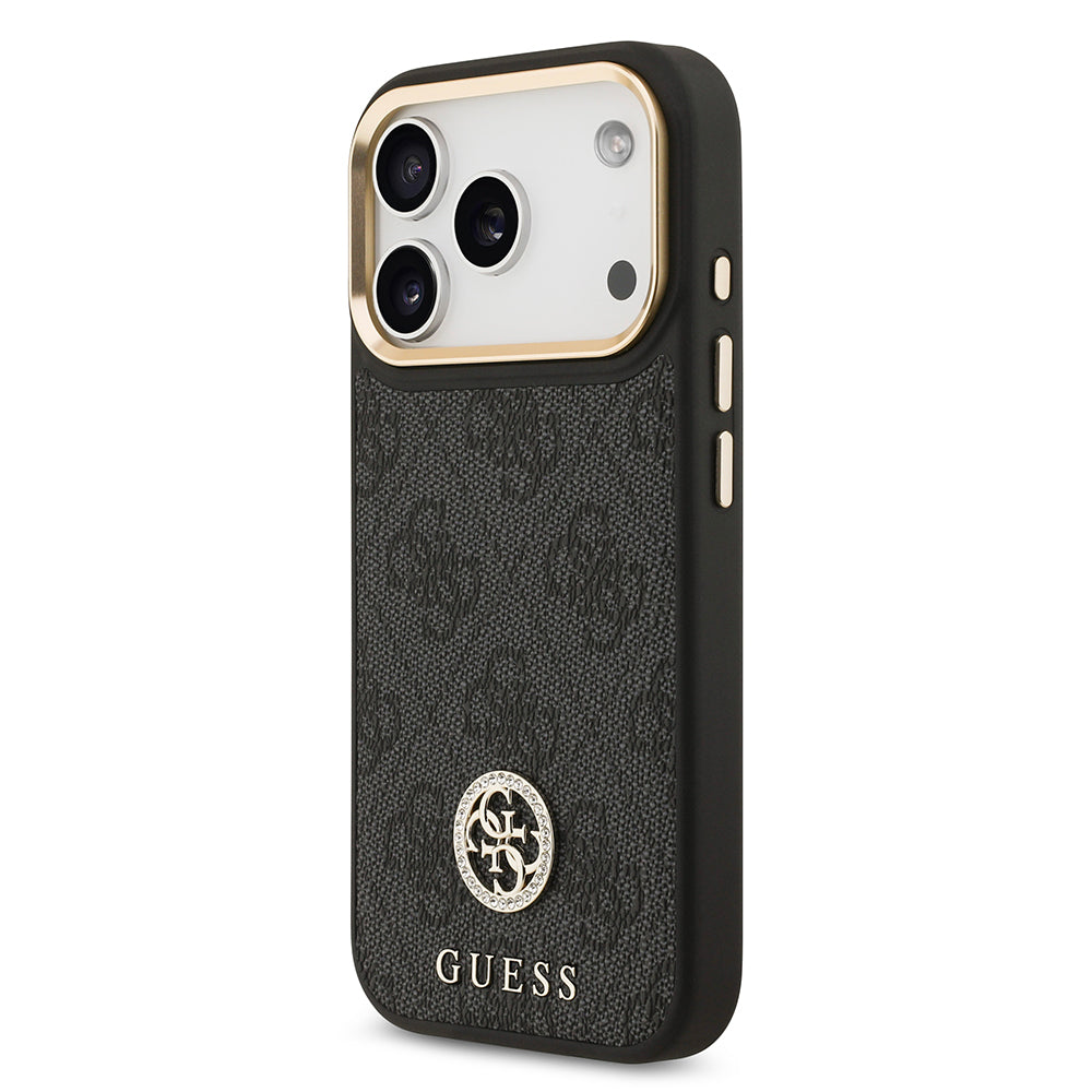 Guess iPhone 17 Pro Orjinal Lisanslı M-safe Şarj Özellikli Gold Metal Kamera Çerçeveli Taşlı 4G Logolu Kılıf