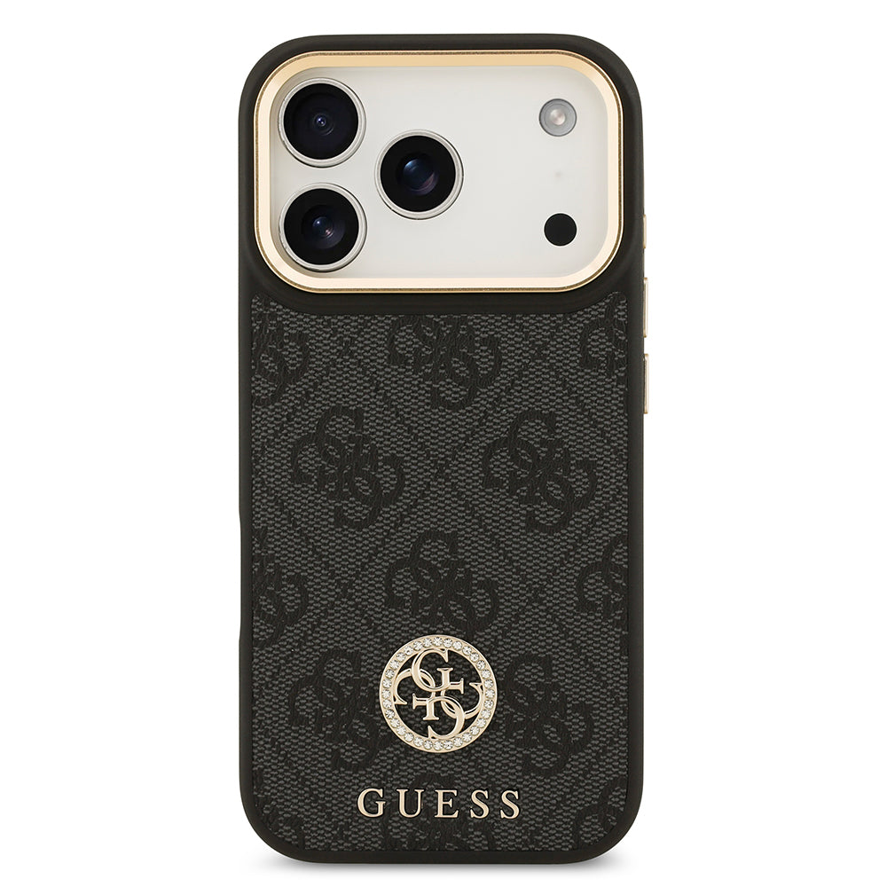 Guess iPhone 17 Pro Orjinal Lisanslı M-safe Şarj Özellikli Gold Metal Kamera Çerçeveli Taşlı 4G Logolu Kılıf