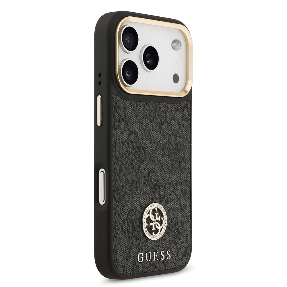 Guess iPhone 17 Pro Orjinal Lisanslı M-safe Şarj Özellikli Gold Metal Kamera Çerçeveli Taşlı 4G Logolu Kılıf