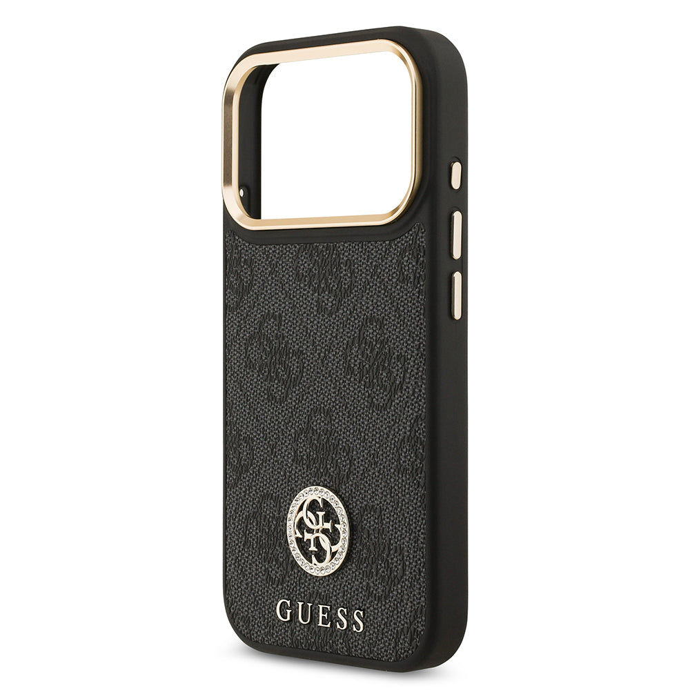 Guess iPhone 17 Pro Orjinal Lisanslı M-safe Şarj Özellikli Gold Metal Kamera Çerçeveli Taşlı 4G Logolu Kılıf