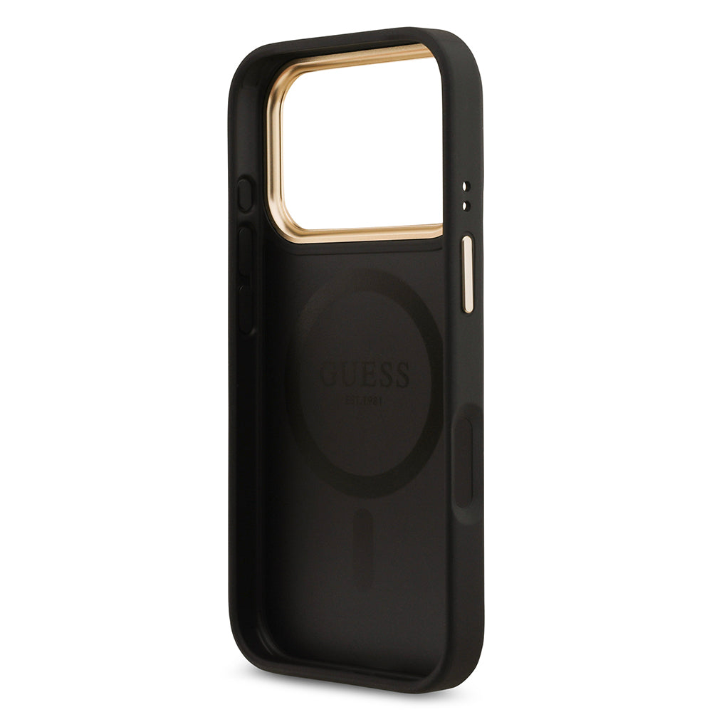 Guess iPhone 17 Pro Orjinal Lisanslı M-safe Şarj Özellikli Gold Metal Kamera Çerçeveli Taşlı 4G Logolu Kılıf