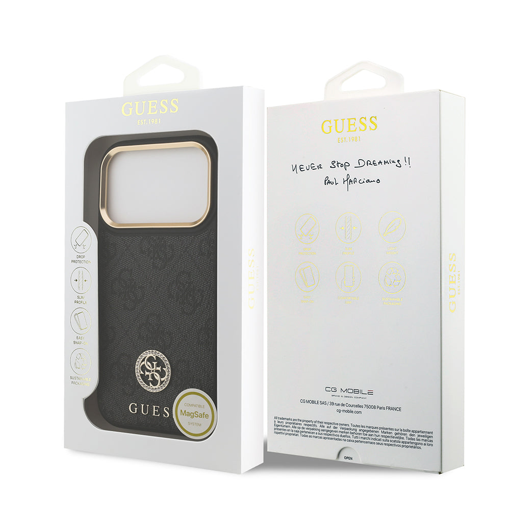 Guess iPhone 17 Pro Orjinal Lisanslı M-safe Şarj Özellikli Gold Metal Kamera Çerçeveli Taşlı 4G Logolu Kılıf