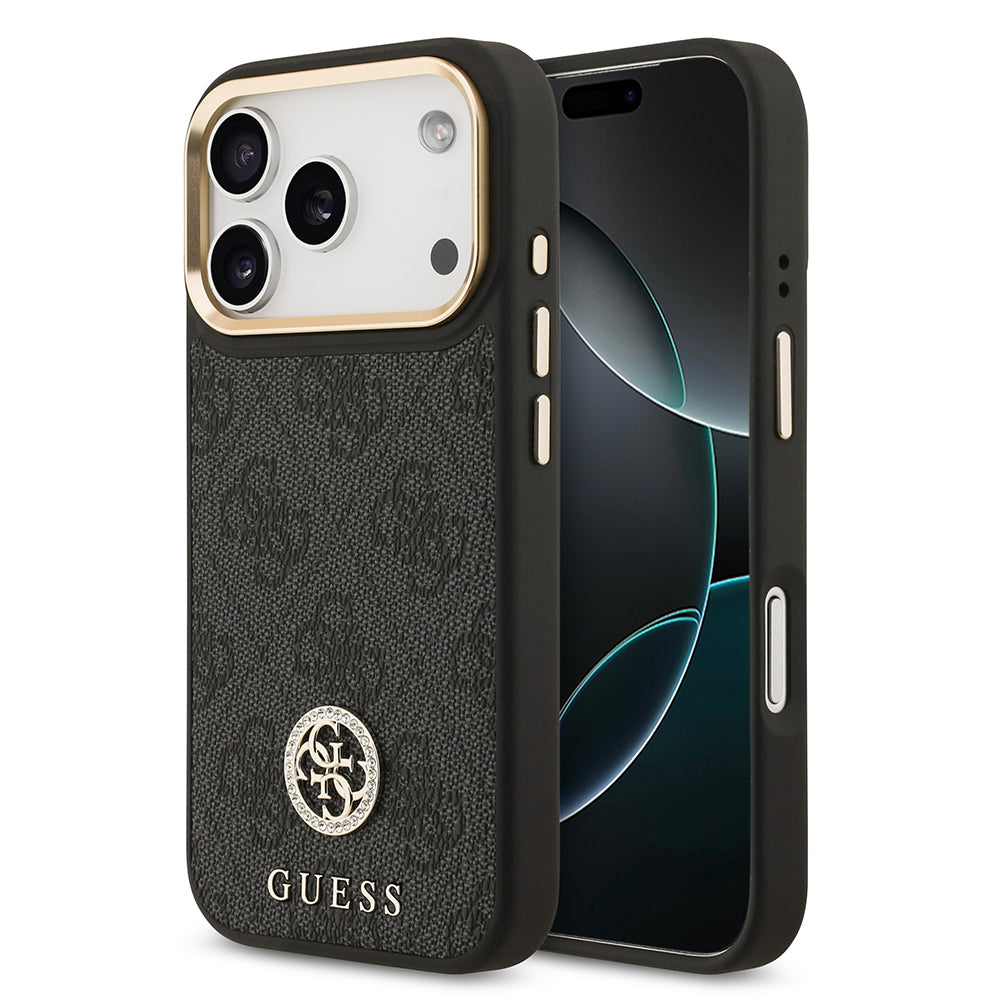 Guess iPhone 17 Pro Orjinal Lisanslı M-safe Şarj Özellikli Gold Metal Kamera Çerçeveli Taşlı 4G Logolu Kılıf