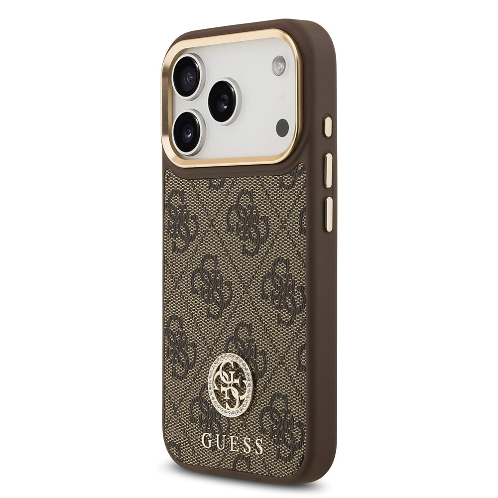 Guess iPhone 17 Pro Orjinal Lisanslı M-safe Şarj Özellikli Gold Metal Kamera Çerçeveli Taşlı 4G Logolu Kılıf