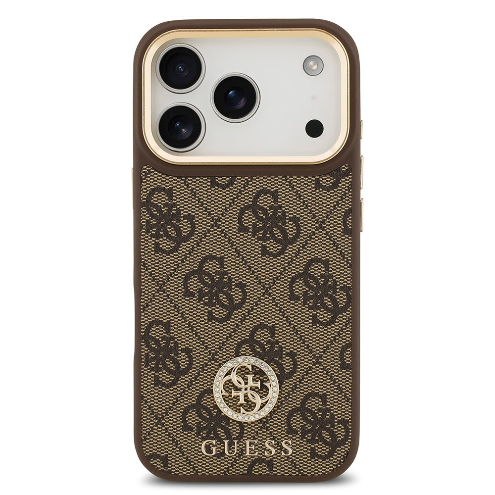 Guess iPhone 17 Pro Orjinal Lisanslı M-safe Şarj Özellikli Gold Metal Kamera Çerçeveli Taşlı 4G Logolu Kılıf