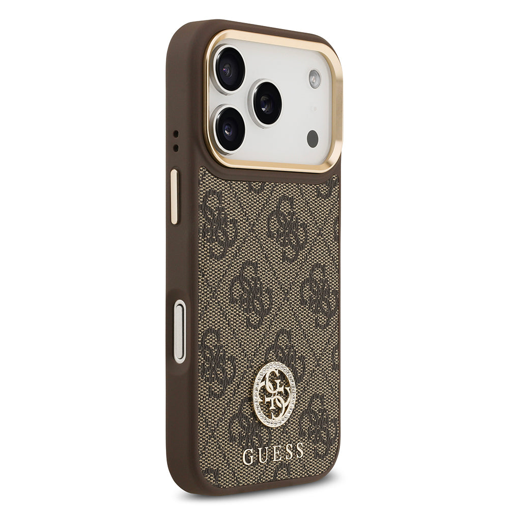 Guess iPhone 17 Pro Orjinal Lisanslı M-safe Şarj Özellikli Gold Metal Kamera Çerçeveli Taşlı 4G Logolu Kılıf