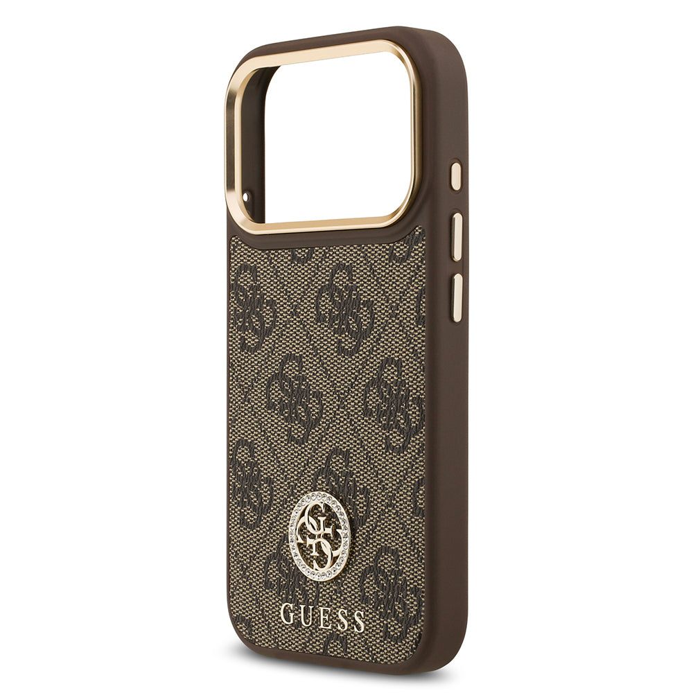 Guess iPhone 17 Pro Orjinal Lisanslı M-safe Şarj Özellikli Gold Metal Kamera Çerçeveli Taşlı 4G Logolu Kılıf