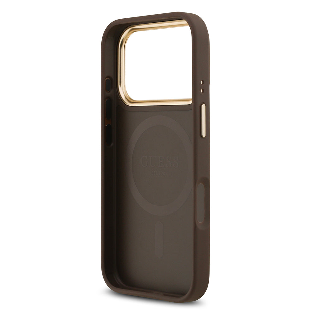 Guess iPhone 17 Pro Orjinal Lisanslı M-safe Şarj Özellikli Gold Metal Kamera Çerçeveli Taşlı 4G Logolu Kılıf