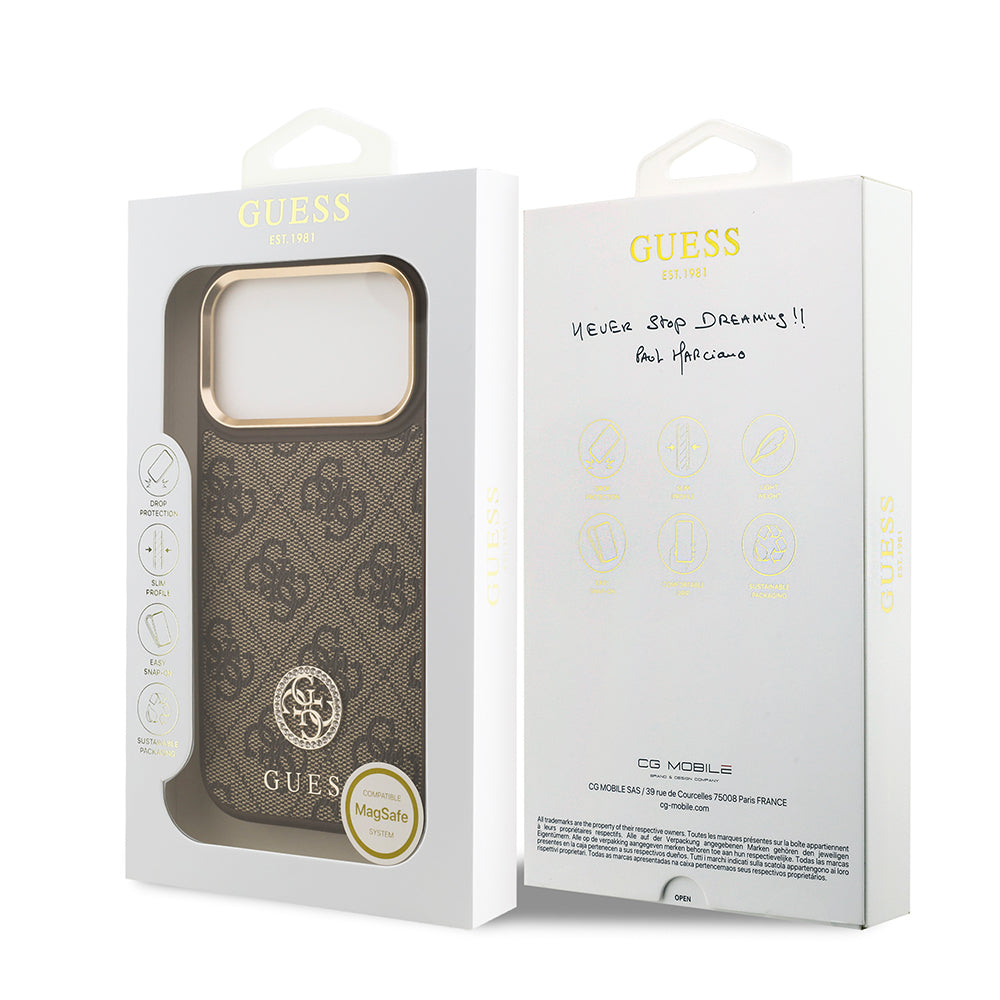 Guess iPhone 17 Pro Orjinal Lisanslı M-safe Şarj Özellikli Gold Metal Kamera Çerçeveli Taşlı 4G Logolu Kılıf
