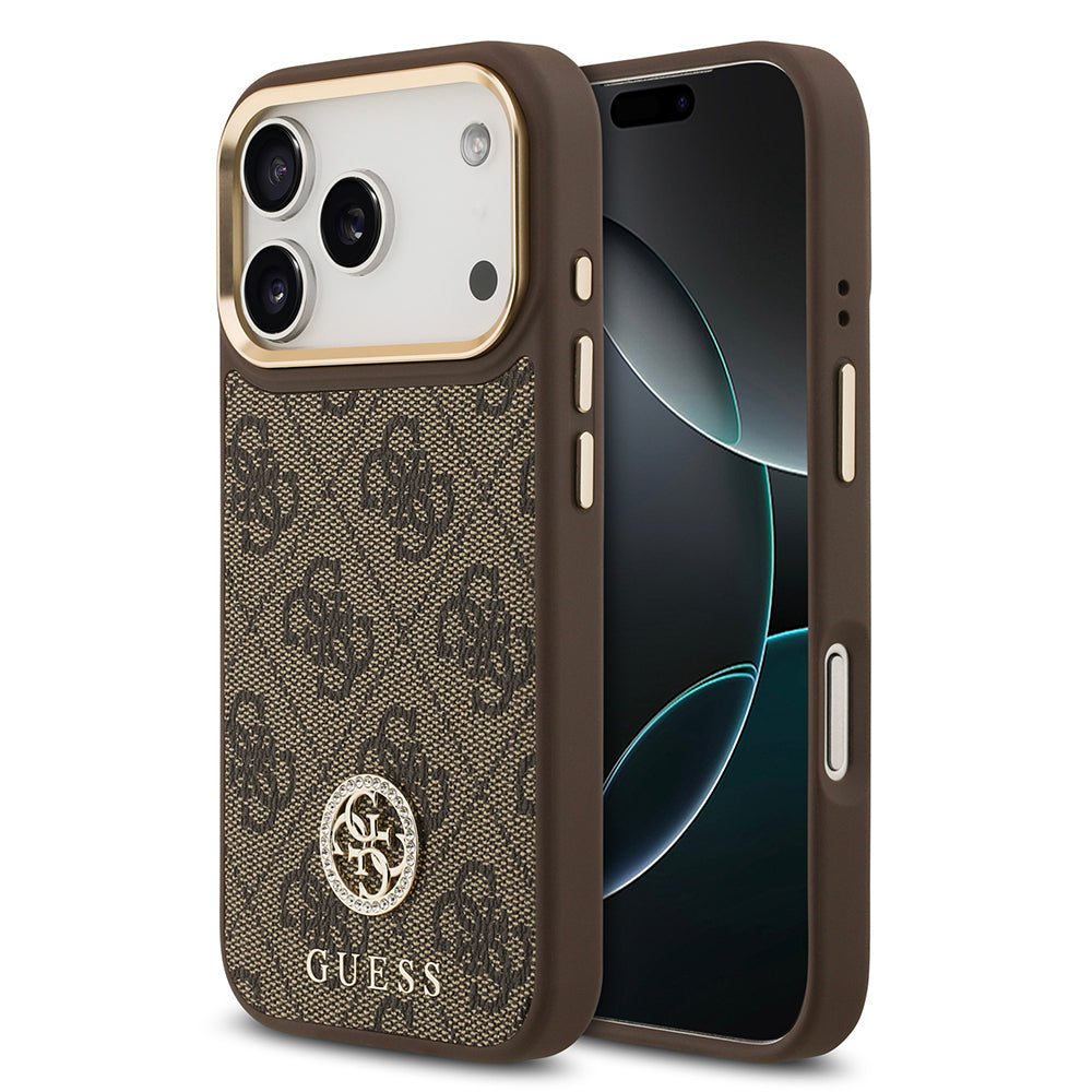 Guess iPhone 17 Pro Orjinal Lisanslı M-safe Şarj Özellikli Gold Metal Kamera Çerçeveli Taşlı 4G Logolu Kılıf