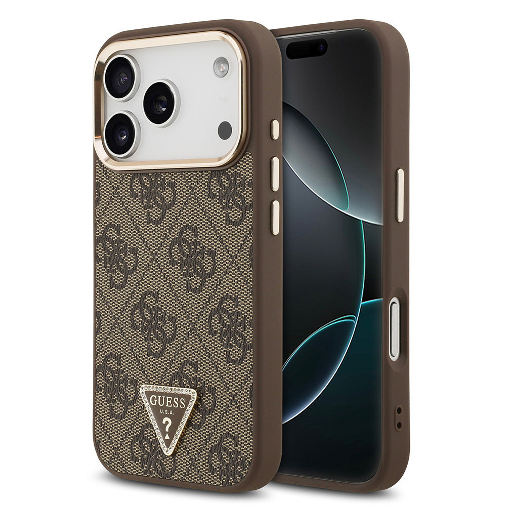 Guess iPhone 17 Pro Orjinal Lisanslı M-safe Şarj Özellikli Gold Metal Kamera Çerçeveli Taşlı Üçgen Logo 4G Desenli Kılıf