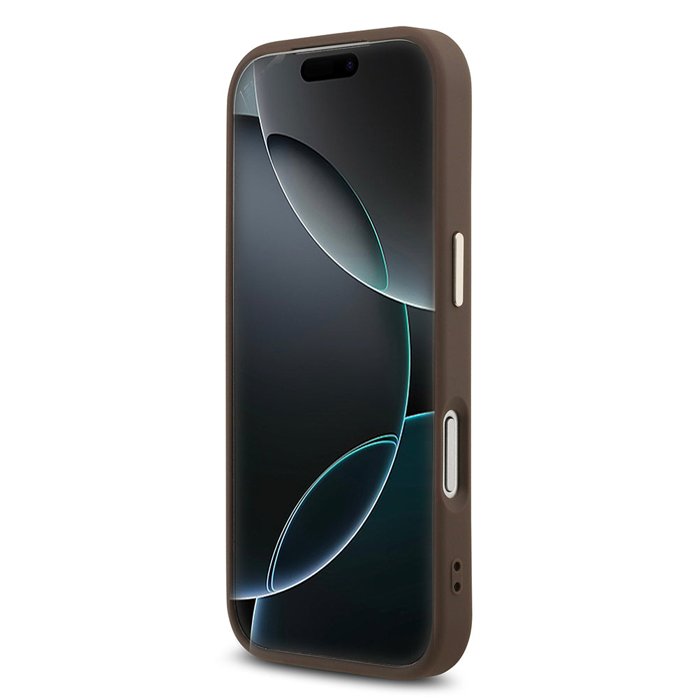 Guess iPhone 17 Pro Orjinal Lisanslı M-safe Şarj Özellikli Gold Metal Kamera Çerçeveli Taşlı Üçgen Logo 4G Desenli Kılıf