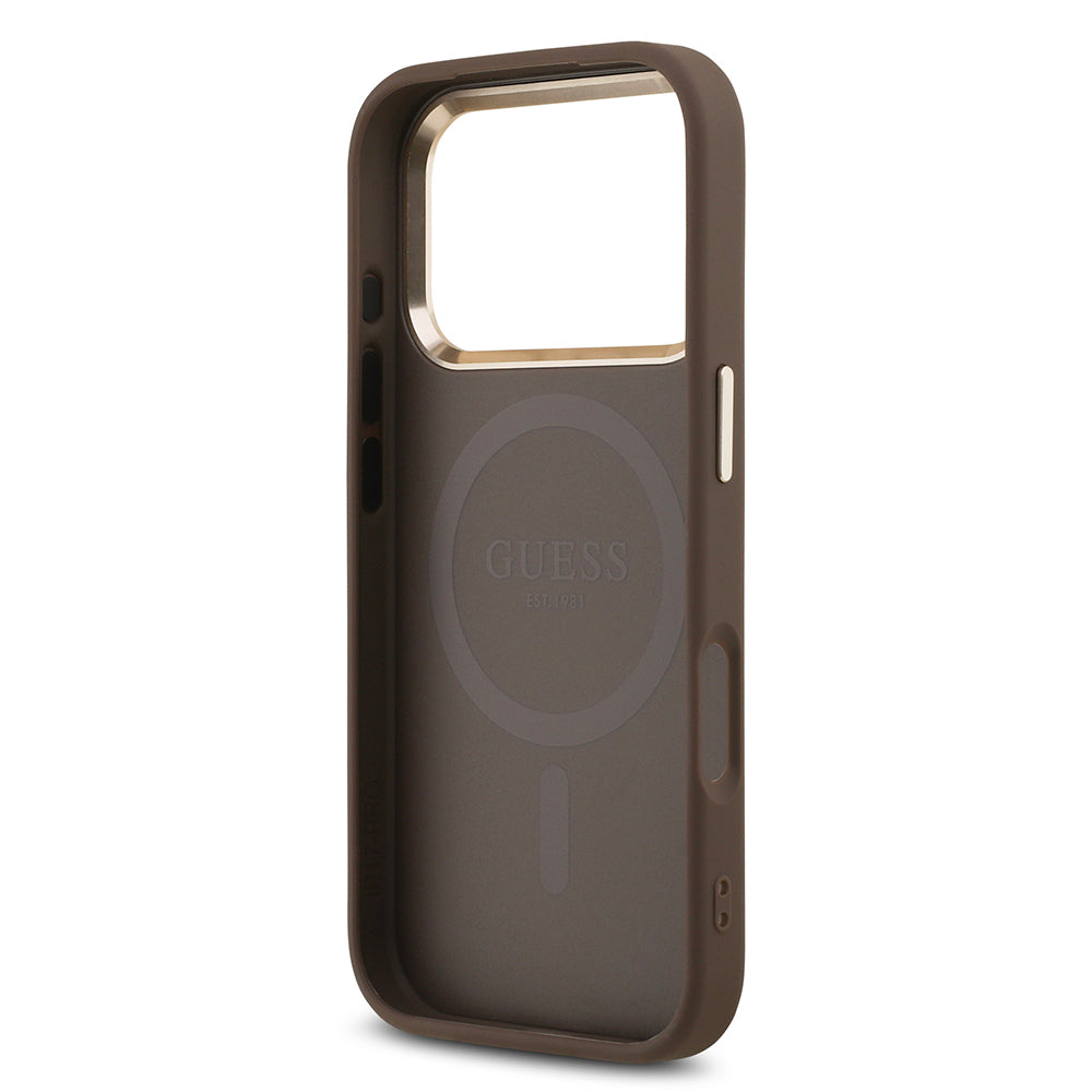 Guess iPhone 17 Pro Orjinal Lisanslı M-safe Şarj Özellikli Gold Metal Kamera Çerçeveli Taşlı Üçgen Logo 4G Desenli Kılıf