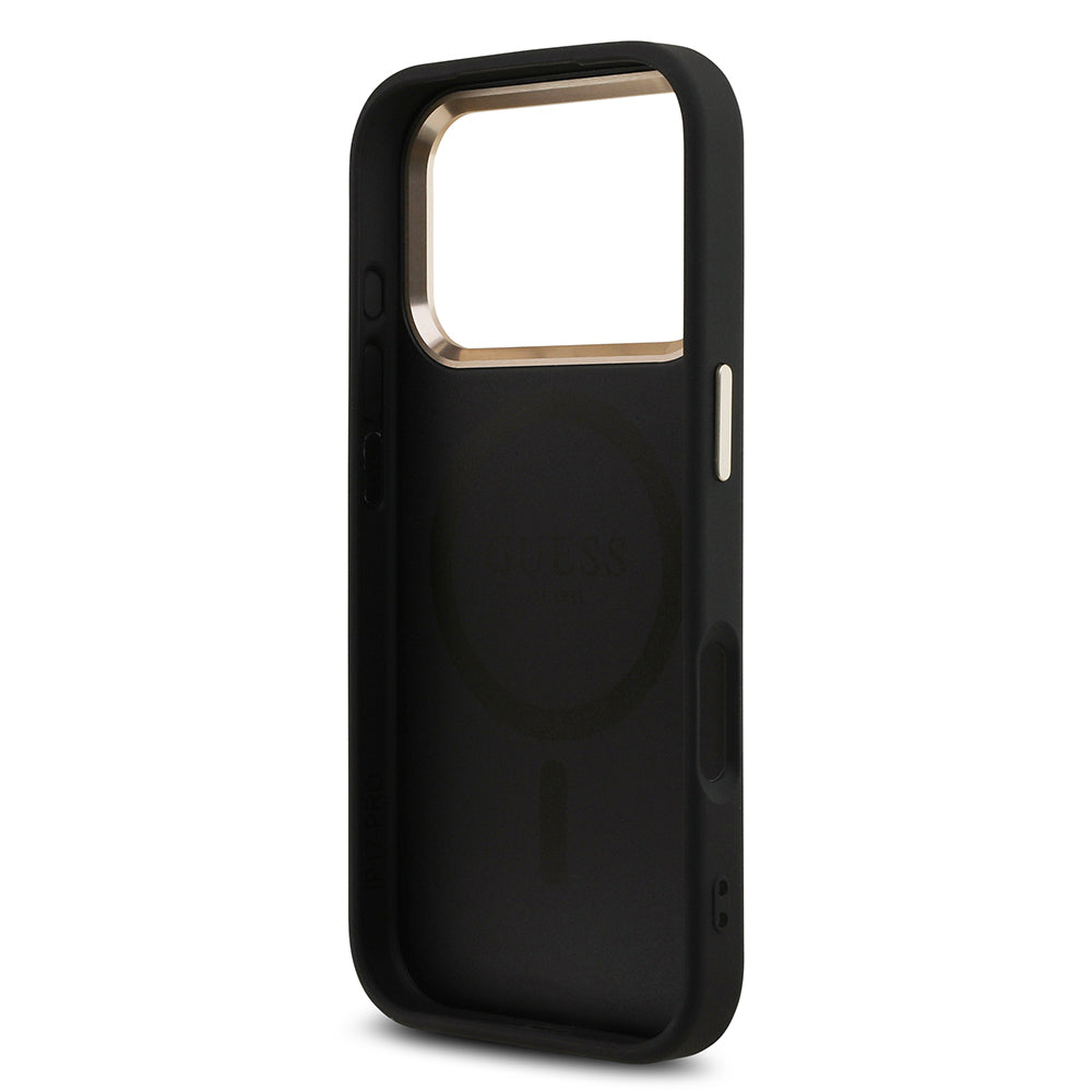 Guess iPhone 17 Pro Orjinal Lisanslı M-safe Şarj Özellikli Gold Metal Kamera Çerçeveli Taşlı Üçgen Logo 4G Desenli Kılıf