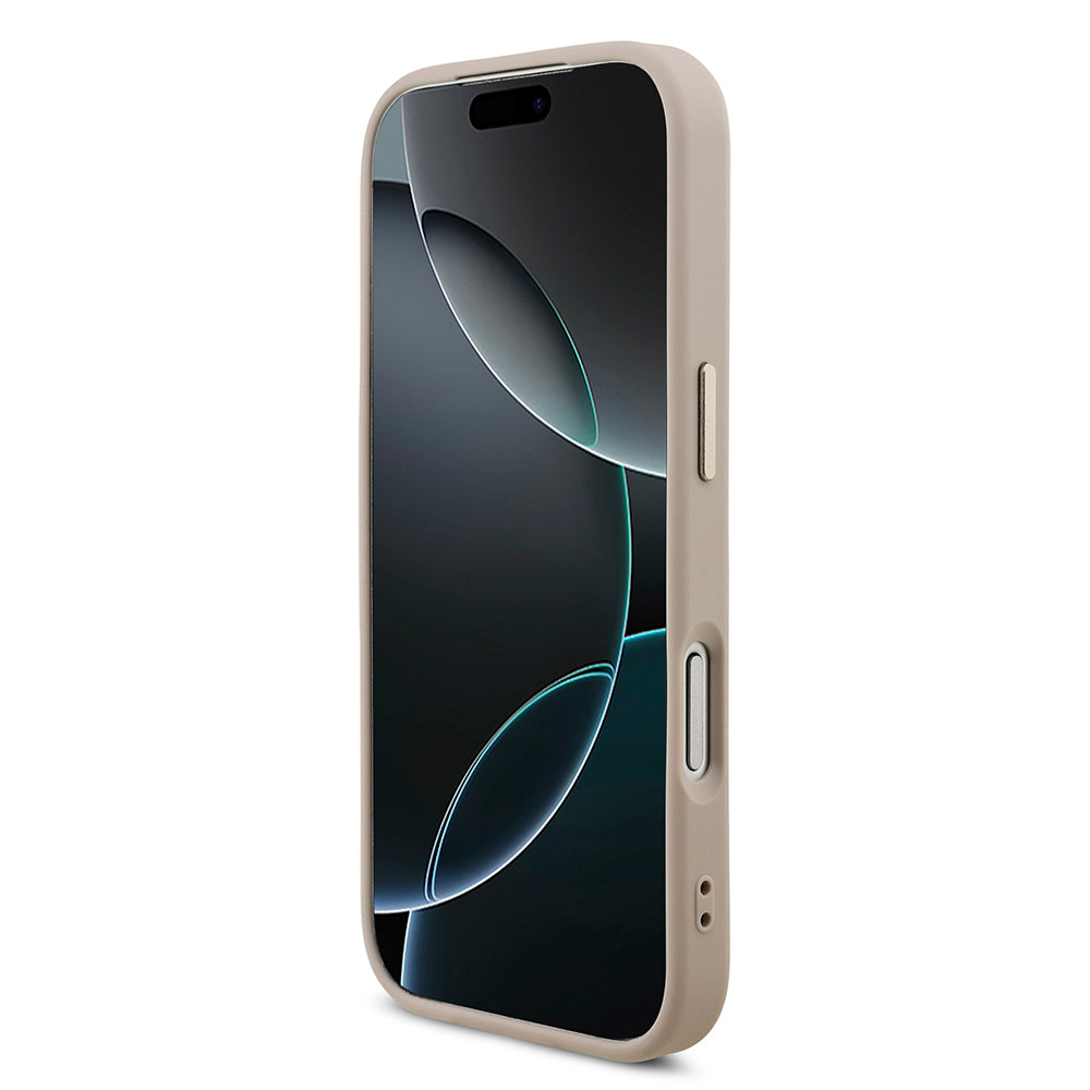 Guess iPhone 17 Pro Orjinal Lisanslı M-safe Şarj Özellikli Gold Metal Kamera Çerçeveli Taşlı Üçgen Logo 4G Desenli Kılıf