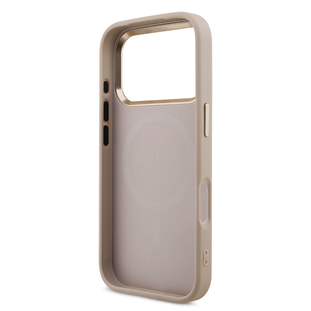 Guess iPhone 17 Pro Orjinal Lisanslı M-safe Şarj Özellikli Gold Metal Kamera Çerçeveli Taşlı Üçgen Logo 4G Desenli Kılıf