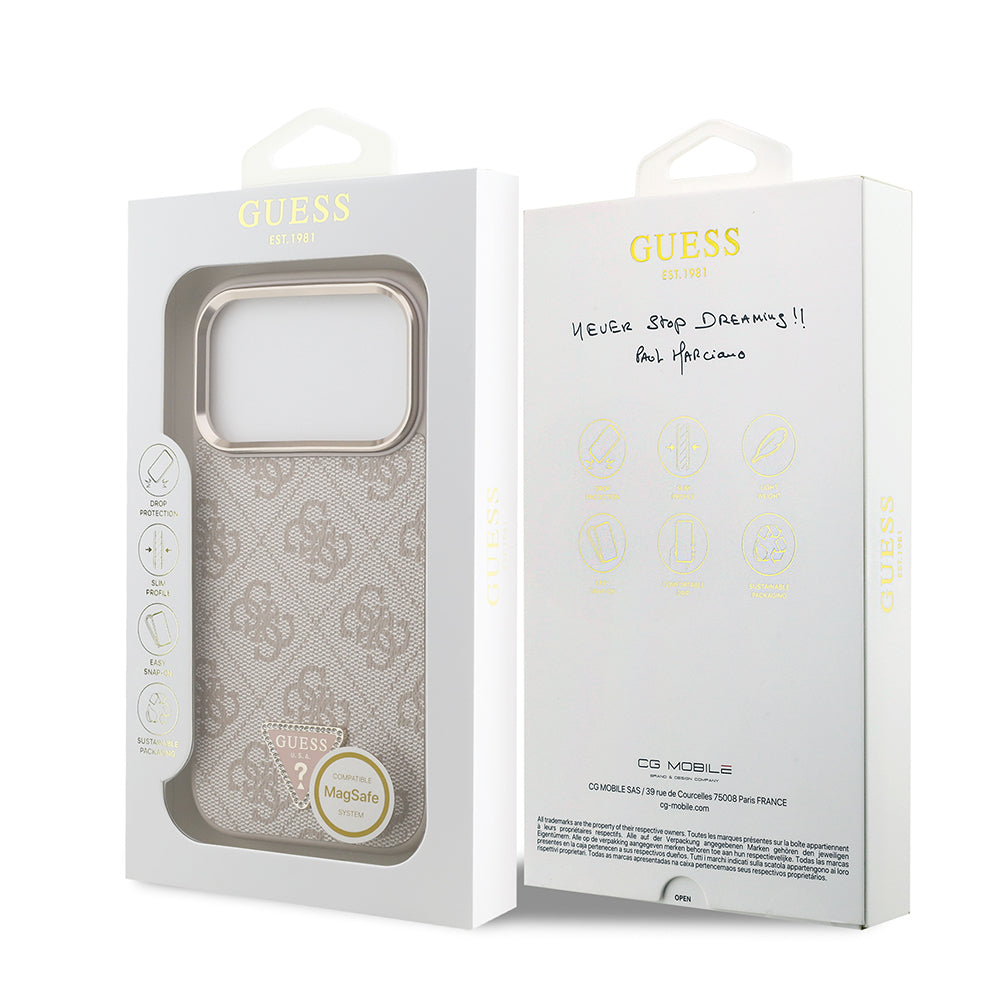 Guess iPhone 17 Pro Orjinal Lisanslı M-safe Şarj Özellikli Gold Metal Kamera Çerçeveli Taşlı Üçgen Logo 4G Desenli Kılıf