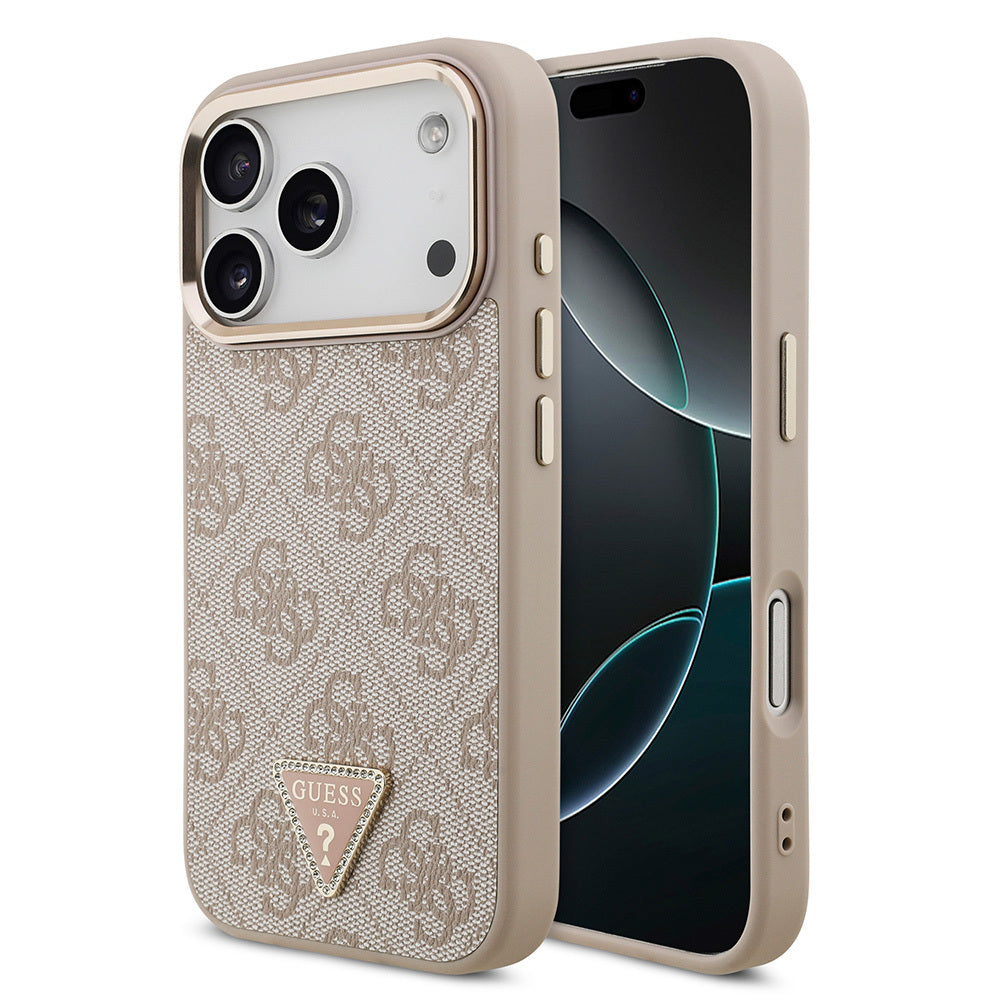 Guess iPhone 17 Pro Orjinal Lisanslı M-safe Şarj Özellikli Gold Metal Kamera Çerçeveli Taşlı Üçgen Logo 4G Desenli Kılıf