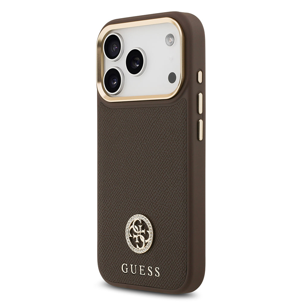 Guess iPhone 17 Pro Orjinal Lisanslı M-safe Şarj Özellikli Grained Yazı ve Taşlı 4G Logolu Kılıf