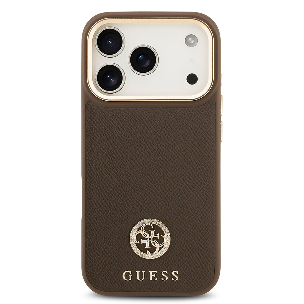 Guess iPhone 17 Pro Orjinal Lisanslı M-safe Şarj Özellikli Grained Yazı ve Taşlı 4G Logolu Kılıf
