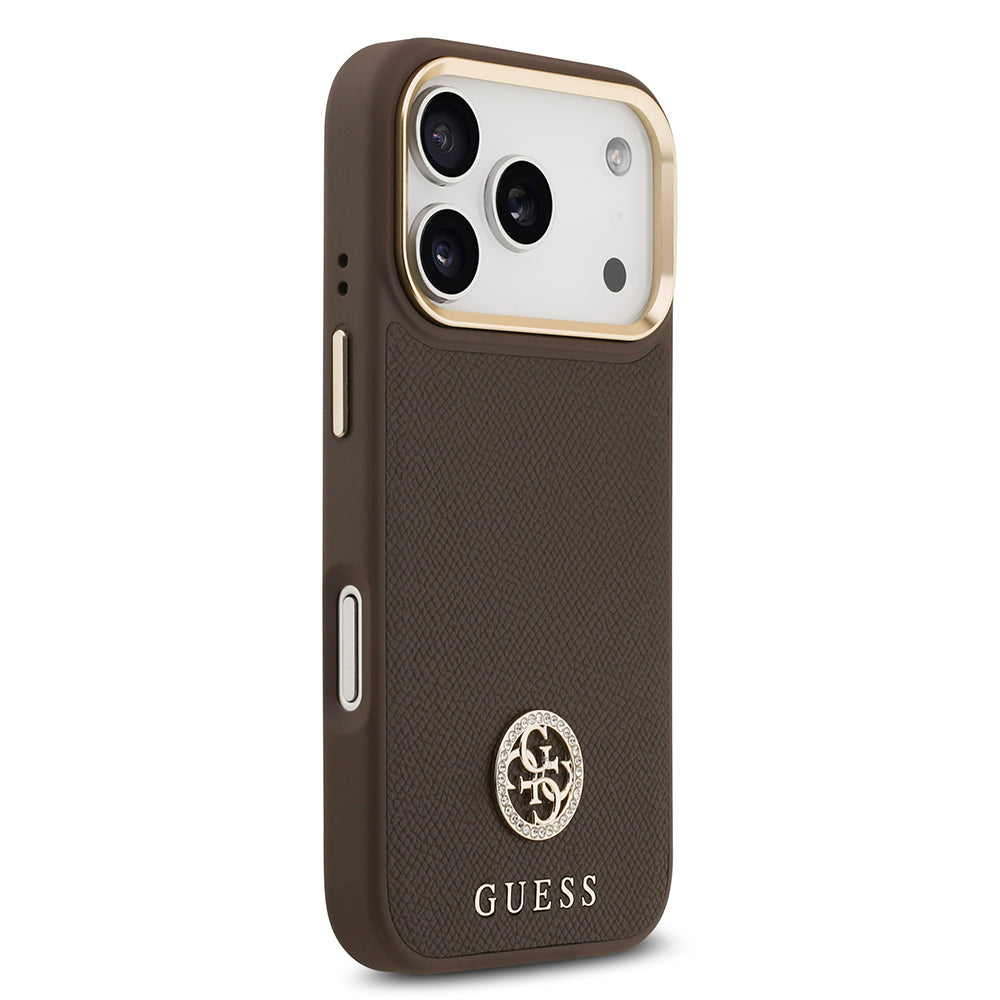 Guess iPhone 17 Pro Orjinal Lisanslı M-safe Şarj Özellikli Grained Yazı ve Taşlı 4G Logolu Kılıf