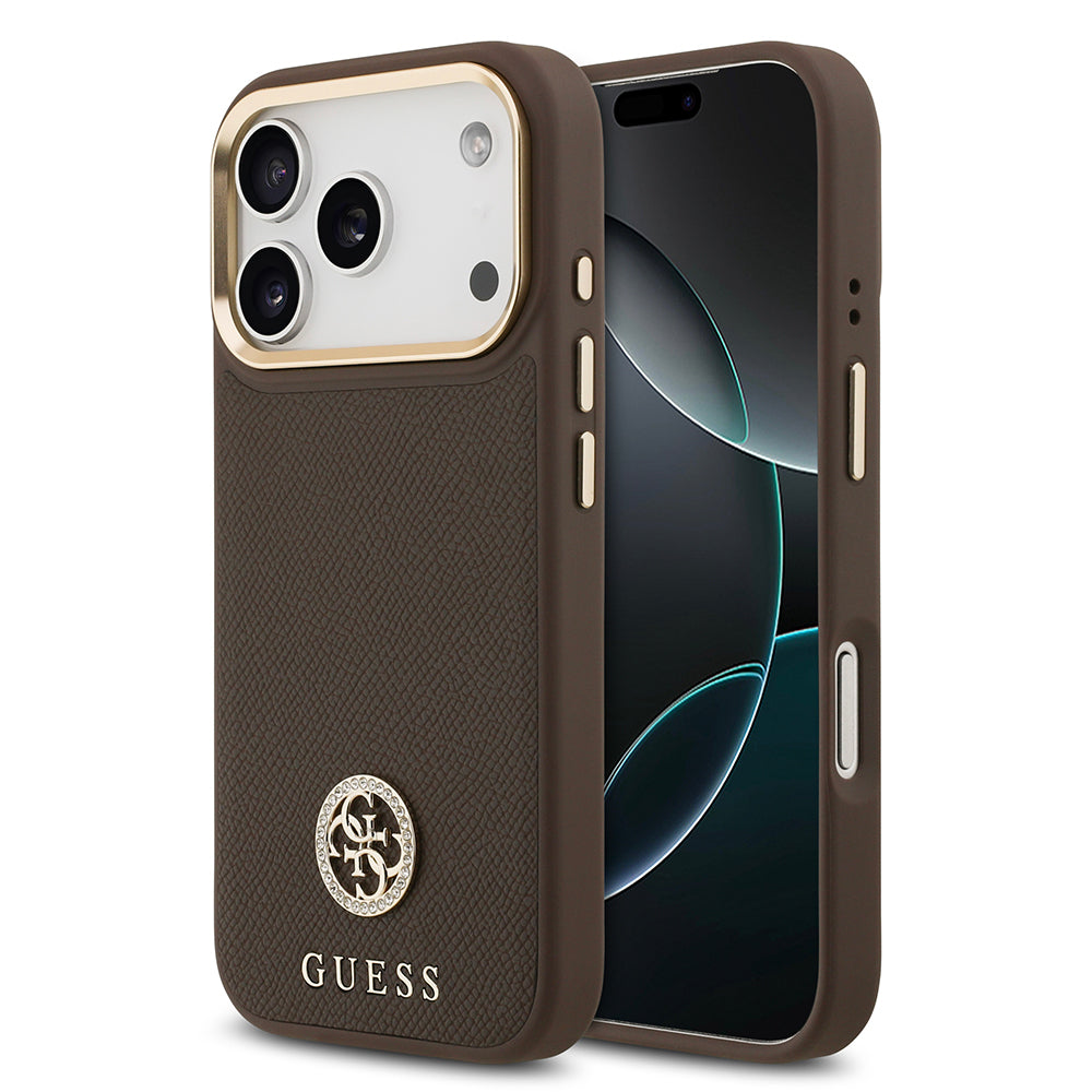 Guess iPhone 17 Pro Orjinal Lisanslı M-safe Şarj Özellikli Grained Yazı ve Taşlı 4G Logolu Kılıf