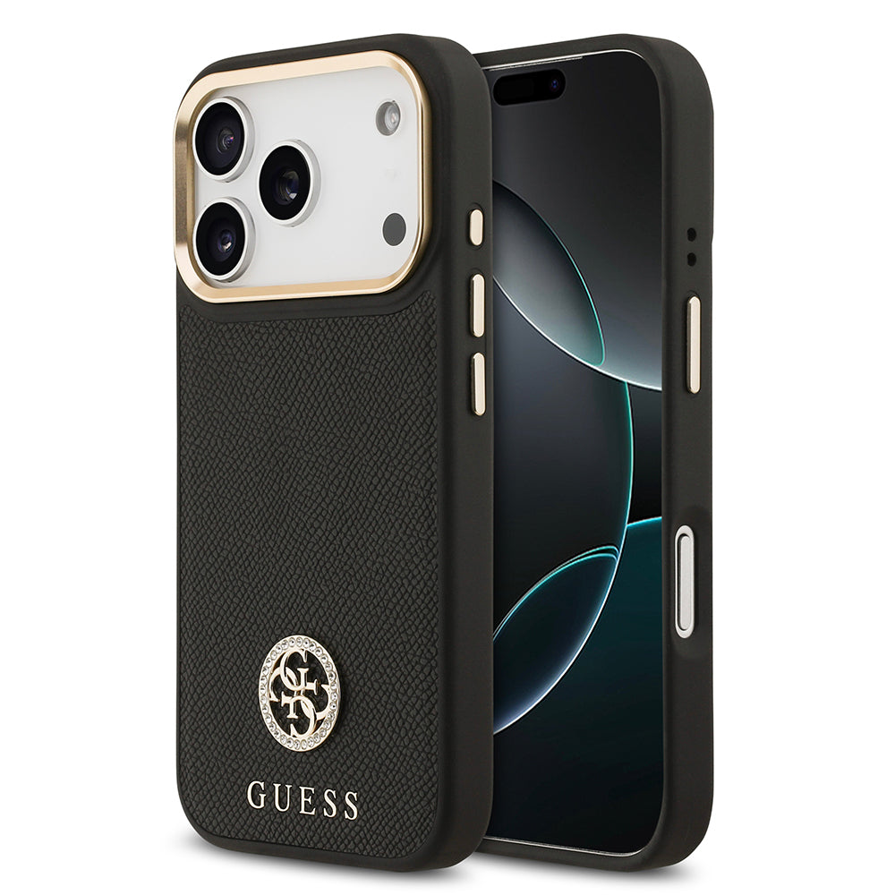 Guess iPhone 17 Pro Orjinal Lisanslı M-safe Şarj Özellikli Grained Yazı ve Taşlı 4G Logolu Kılıf