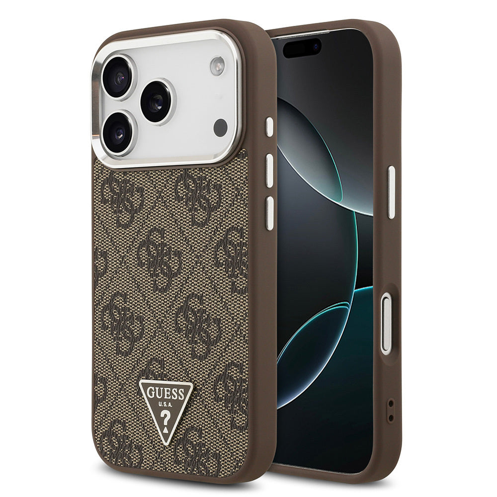 Guess iPhone 17 Pro Orjinal Lisanslı M-safe Şarj Özellikli Gümüş Metal Kamera Çerçeveli Üçgen Logo 4G Desenli Kılıf