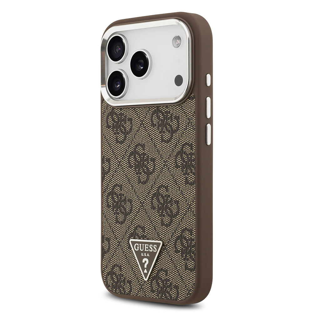 Guess iPhone 17 Pro Orjinal Lisanslı M-safe Şarj Özellikli Gümüş Metal Kamera Çerçeveli Üçgen Logo 4G Desenli Kılıf