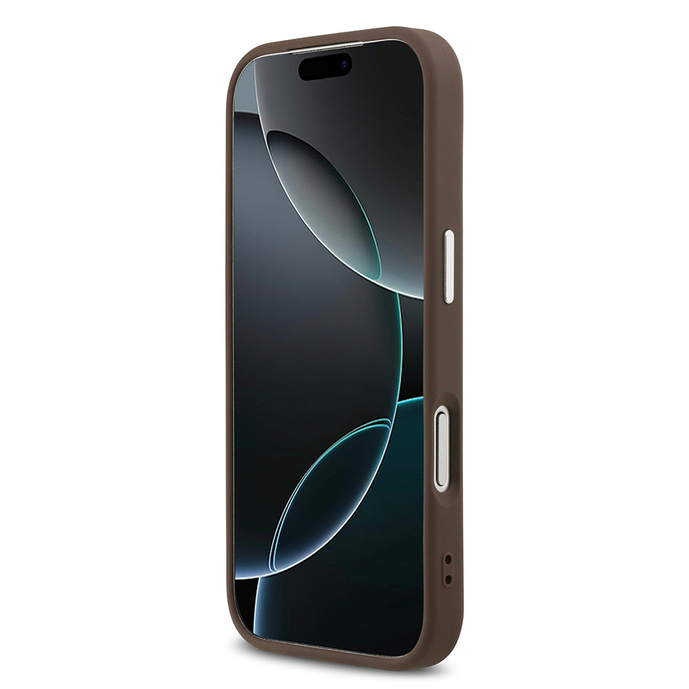 Guess iPhone 17 Pro Orjinal Lisanslı M-safe Şarj Özellikli Gümüş Metal Kamera Çerçeveli Üçgen Logo 4G Desenli Kılıf