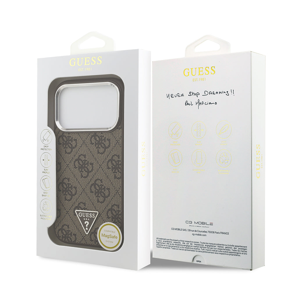 Guess iPhone 17 Pro Orjinal Lisanslı M-safe Şarj Özellikli Gümüş Metal Kamera Çerçeveli Üçgen Logo 4G Desenli Kılıf