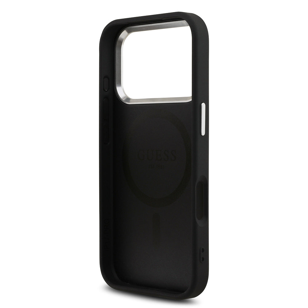 Guess iPhone 17 Pro Orjinal Lisanslı M-safe Şarj Özellikli Gümüş Metal Kamera Çerçeveli Üçgen Logo 4G Desenli Kılıf