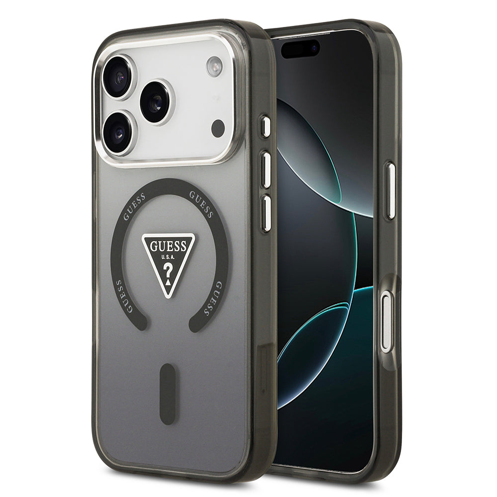 Guess iPhone 17 Pro Orjinal Lisanslı M-safe Şarj Özellikli IML Baskılı Üçgen Logolu Metal Kamera Çerçeveli Kılıf