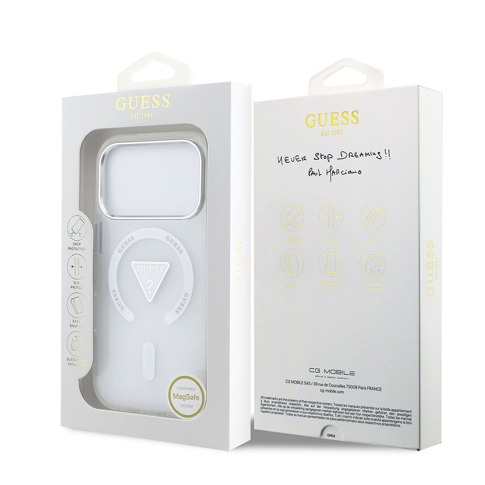 Guess iPhone 17 Pro Orjinal Lisanslı M-safe Şarj Özellikli IML Baskılı Üçgen Logolu Metal Kamera Çerçeveli Kılıf