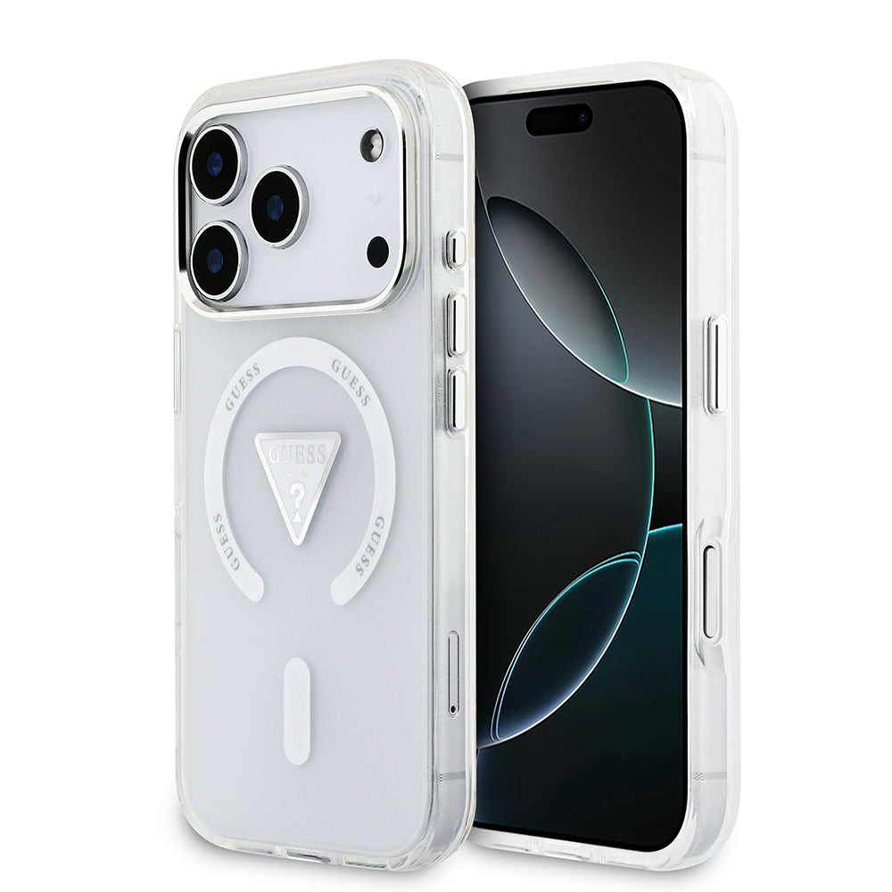 Guess iPhone 17 Pro Orjinal Lisanslı M-safe Şarj Özellikli IML Baskılı Üçgen Logolu Metal Kamera Çerçeveli Kılıf