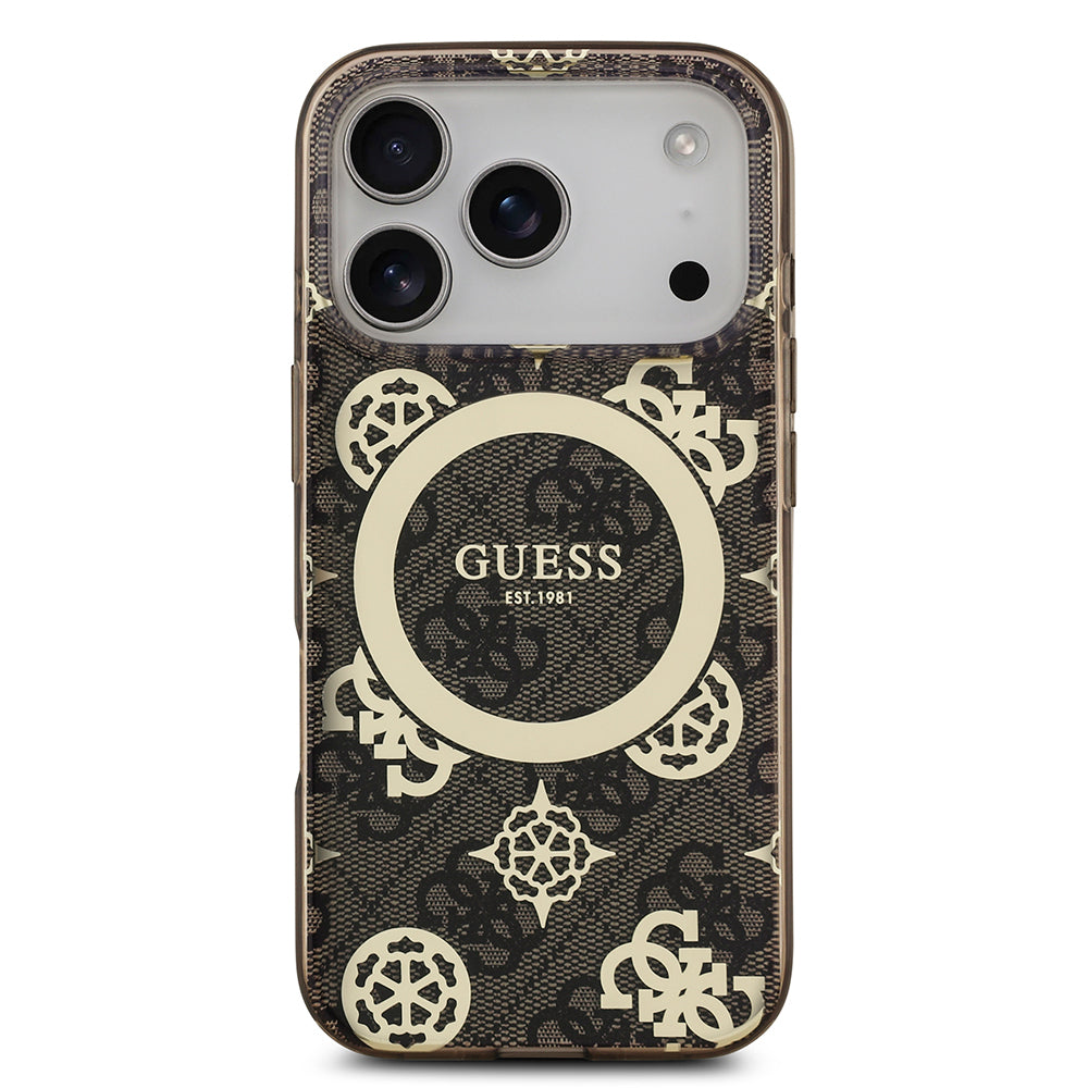 Guess iPhone 17 Pro Orjinal Lisanslı M-safe Şarj Özellikli IML Peony ve 4G Desenli Klasik Logolu Kılıf