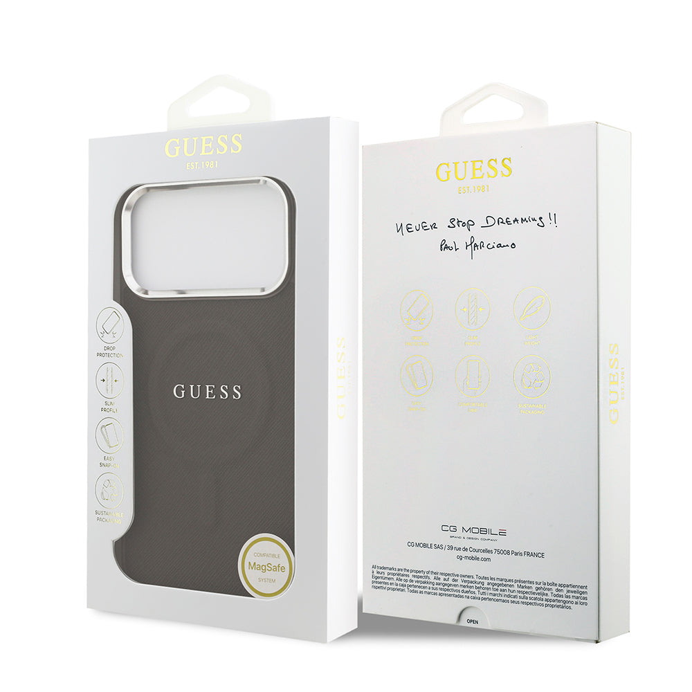 Guess iPhone 17 Pro Orjinal Lisanslı M-safe Şarj Özellikli Klasik Yazı Logolu PU Deri Kılıf