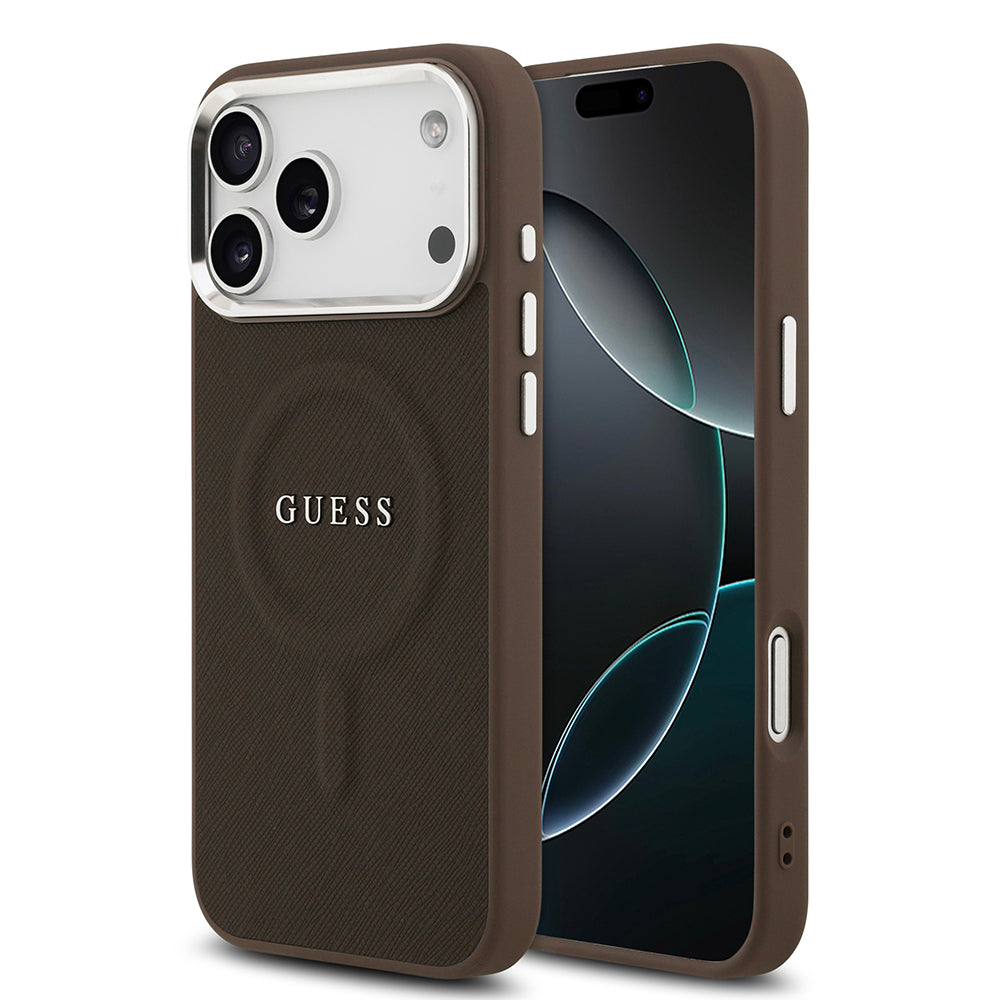 Guess iPhone 17 Pro Orjinal Lisanslı M-safe Şarj Özellikli Klasik Yazı Logolu PU Deri Kılıf