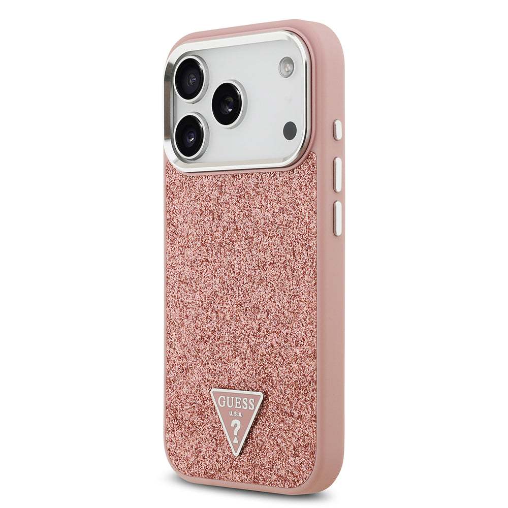 Guess iPhone 17 Pro Orjinal Lisanslı M-safe Şarj Özellikli Metal Kamera Çerçeveli Üçgen Logolu Glitter Kılıf